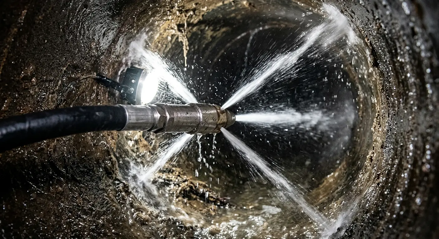 High-pressure hydro jetting nozzle cleaning sewer pipe for Emergency Drain Service in Laguna Hills