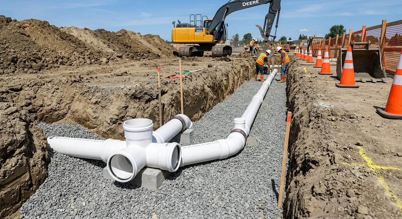 New PVC sewer pipe installation in open trench for Sewer Backup in Laguna Hills