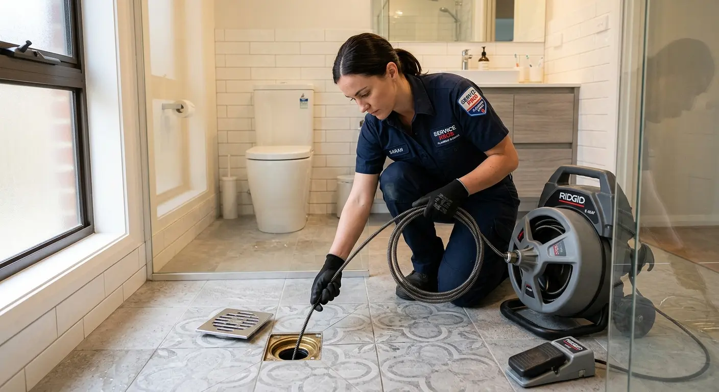 Technician clearing a bathroom floor drain for Hydro Jetting in Laguna Hills